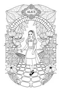 A coloring page of Alice in the Garden of Riddles Coloring Page