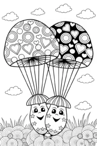 A coloring page of Mushroom Balloon Adventure Coloring Page
