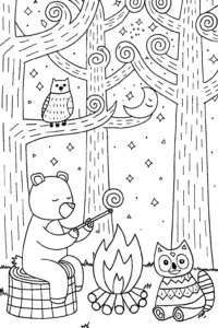 A coloring page of Cozy Campfire Gathering with Bear and Friends