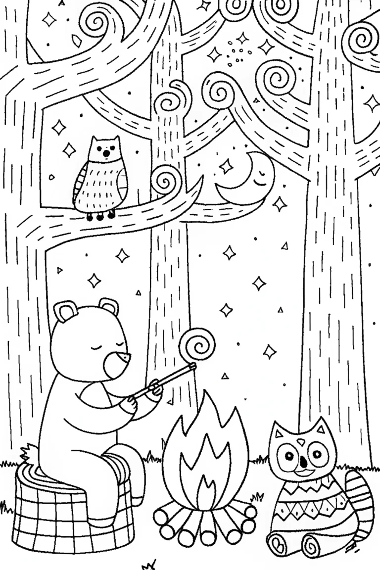 Cozy Campfire Gathering with Bear and Friends coloring pages