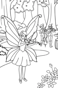 A coloring page of The Fairy Musician and Her Animal Orchestra Coloring Page