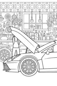 A coloring page of Lamborghini Dreams: The Mechanic’s Workshop Coloring Page
