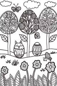 A coloring page of Easter Egg Fantasy Garden Coloring Page