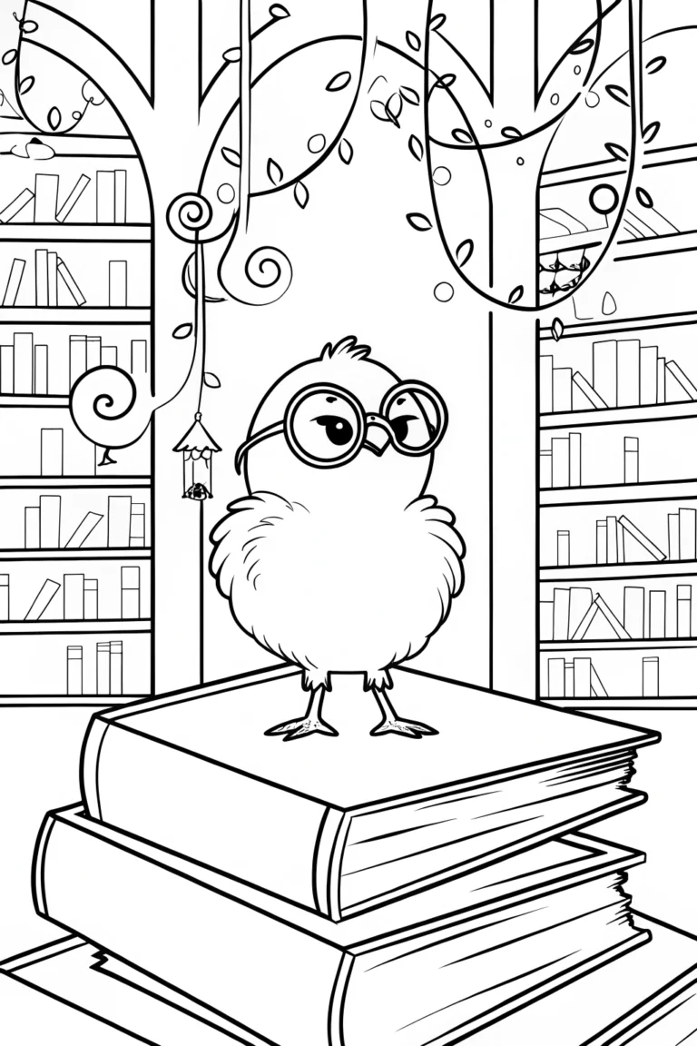 Chick's Adventure in the Enchanted Library Coloring Page - Free & Printable