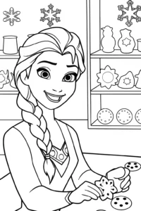 A coloring page of Elsa’s Winter Wonderland Workshop Coloring Page