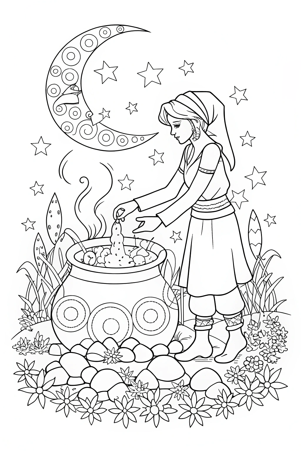 Jasmine&#8217;s Starlit Potion Adventure Coloring Page
