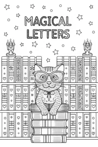 A coloring page of Cat in the Enchanted Library Coloring Page