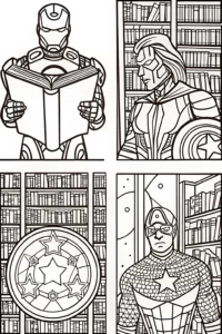 A coloring page of Avengers Assemble at the Cosmic Library Coloring Page