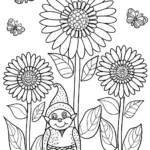 Gnome in the Flower Garden Coloring Page