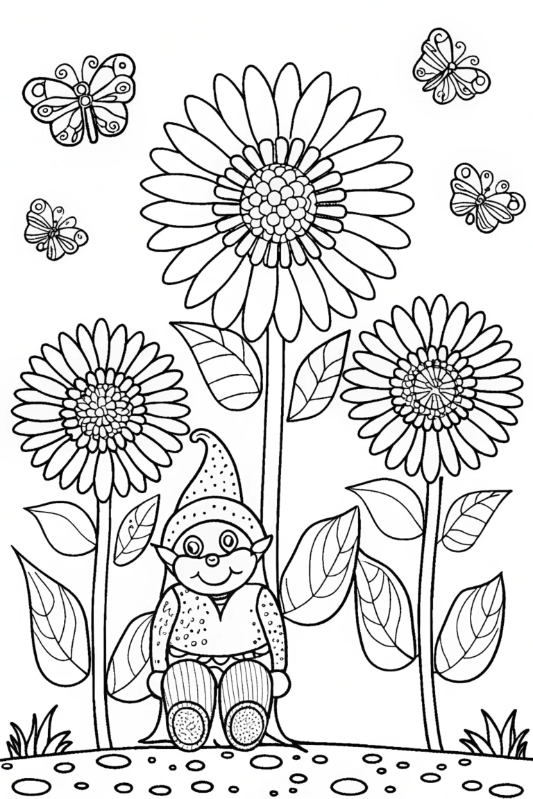 Gnome in the Flower Garden Coloring Page coloring pages