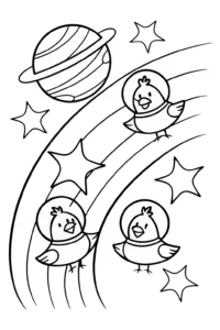 A coloring page of Chickens on a Cosmic Adventure Coloring Page