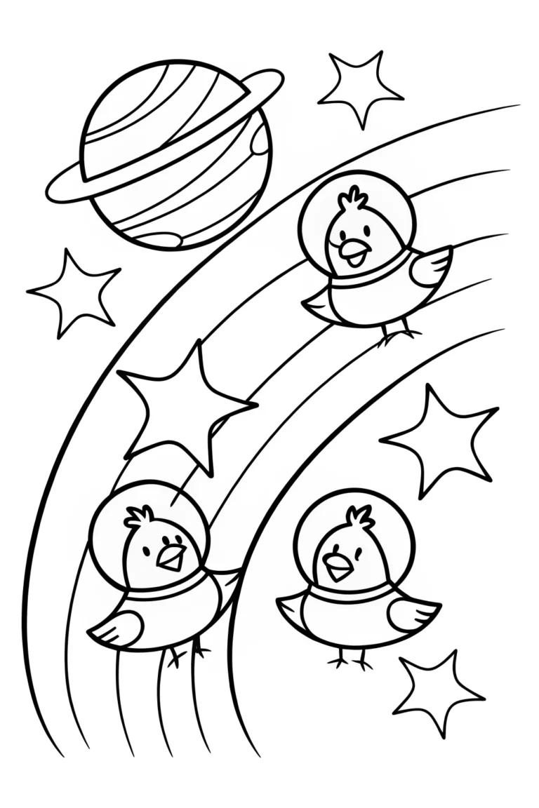 Chickens on a Cosmic Adventure Coloring Page coloring pages