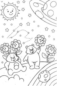 A coloring page of Care Bears’ Galactic Garden Party Coloring Page