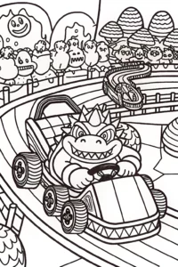 A coloring page of Bowser’s Wild Kart Challenge Coloring Page