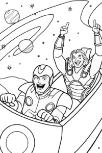 A coloring page of Avengers on a Cosmic Roller Coaster Coloring Page