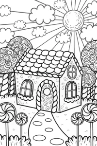 A coloring page of Gingerbread House in a Candy Garden Coloring Page