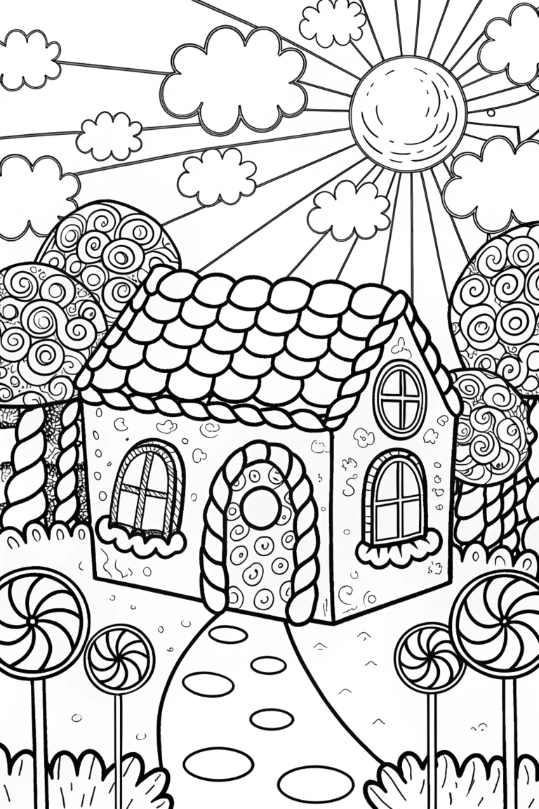 Gingerbread House in a Candy Garden Coloring Page coloring pages