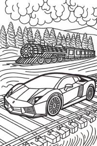 A coloring page of Lamborghini Adventure on Vintage Train Tracks Coloring Page