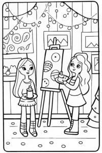 A coloring page of Bratz Dolls in a Magical Art Studio Coloring Page