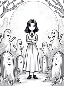 A coloring page of Wednesday Addams in the graveyard