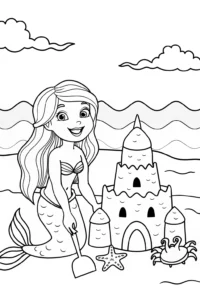 A coloring page of Mermaid building a sandcastle