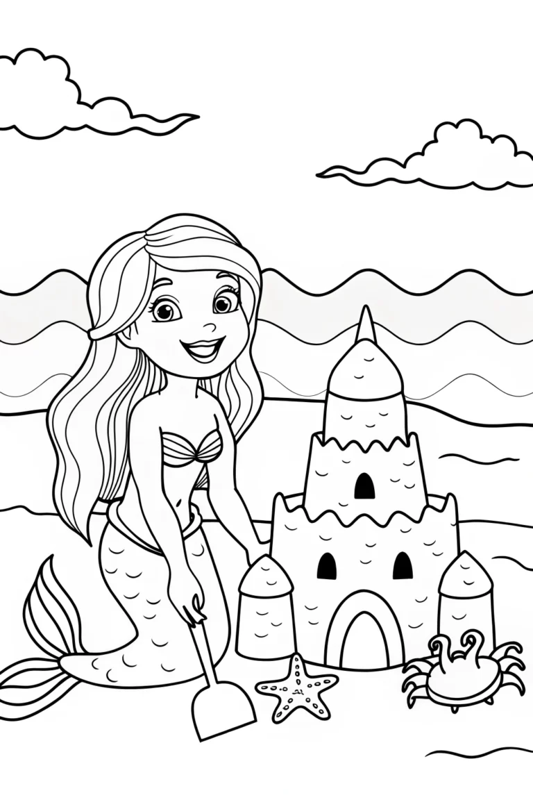 Mermaid building a sandcastle coloring pages