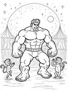 A coloring page of Hulk lifting a giant dumbbell
