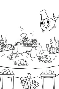 A coloring page of Thanksgiving feast under the sea