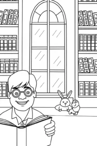 A coloring page of Hulk as a friendly librarian
