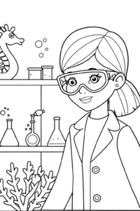 A coloring page of Mermaid experimenting in her lab