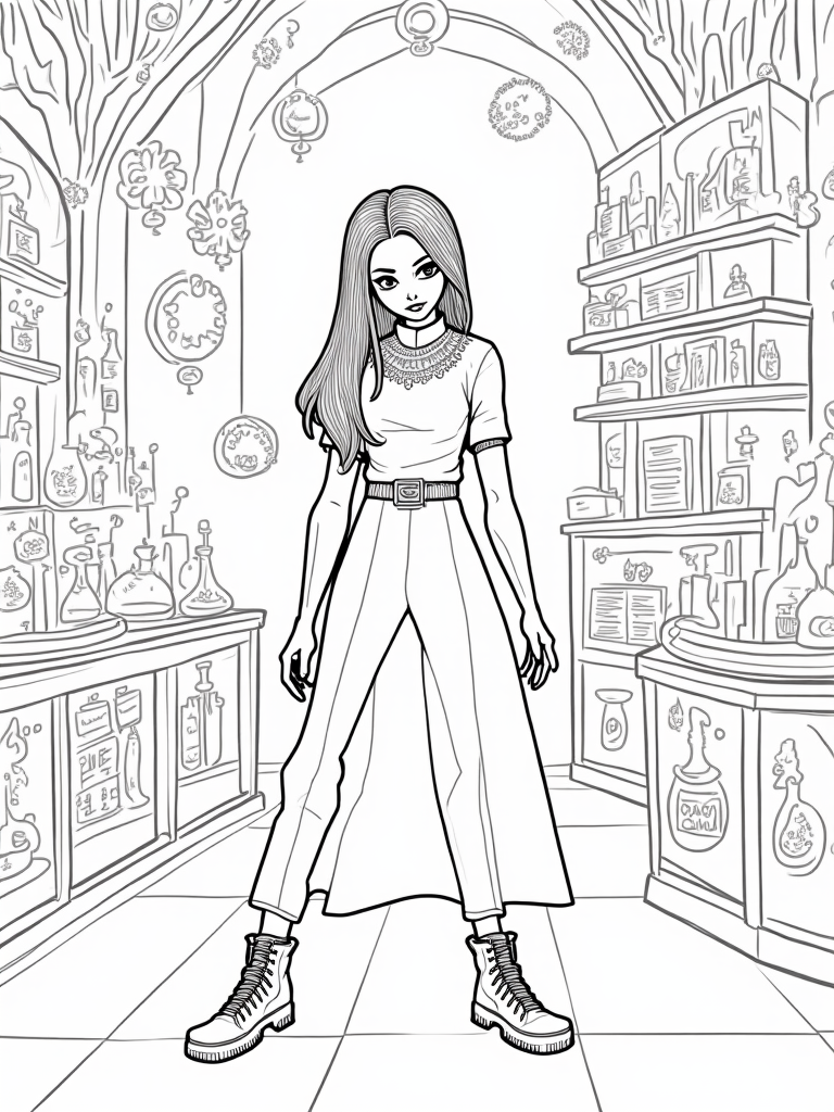 Wednesday Addams in the alchemist’s forge coloring pages