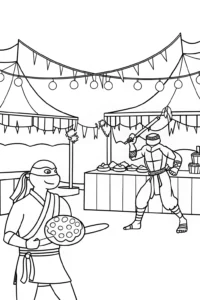 A coloring page of Teenage Mutant Ninja Turtles festival