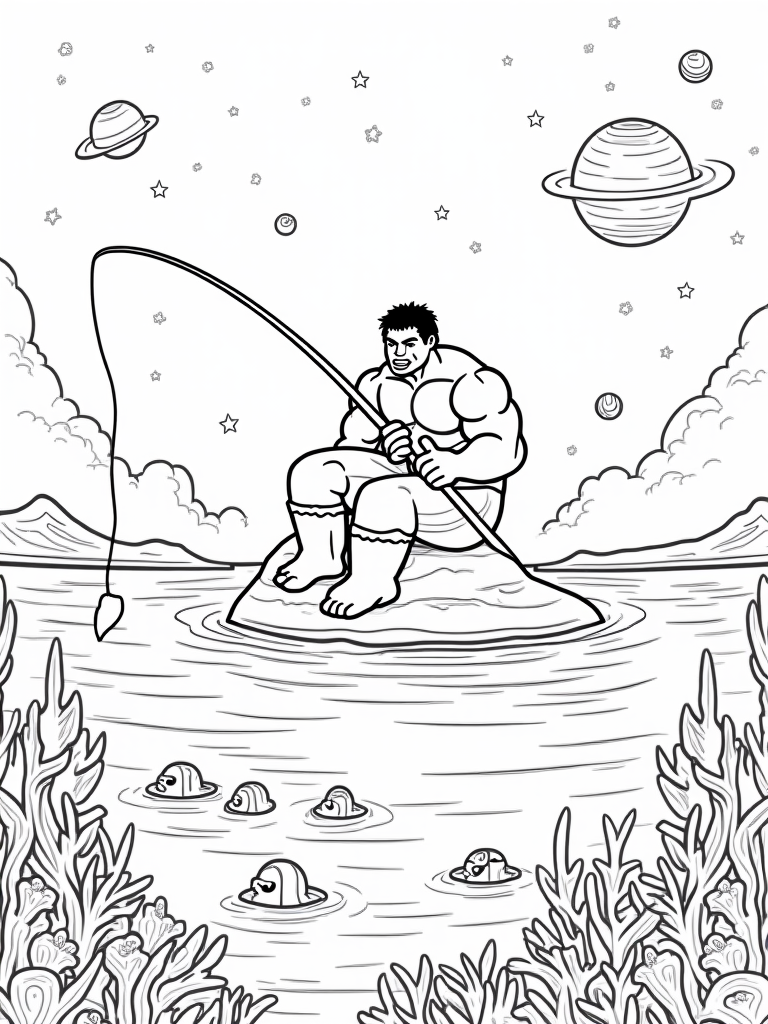 Hulk fishing in a cosmic ocean coloring pages