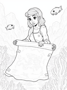 A coloring page of Mermaid cartographer exploring depths