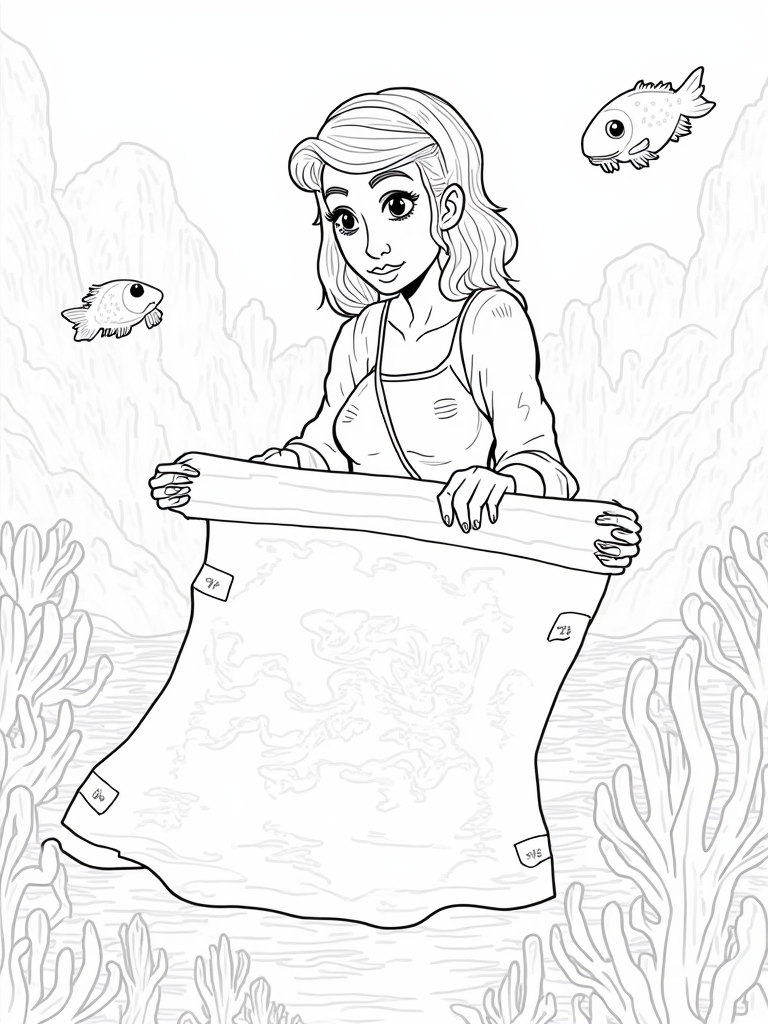 Mermaid cartographer exploring depths coloring pages