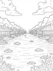 A coloring page of Thanksgiving floating market