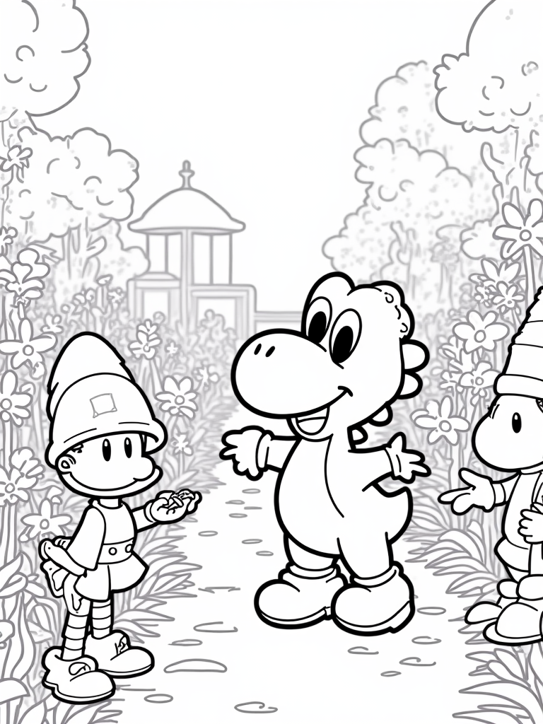 Yoshi in a garden with gnomes