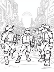 A coloring page of Teenage Mutant Ninja Turtles museum heist