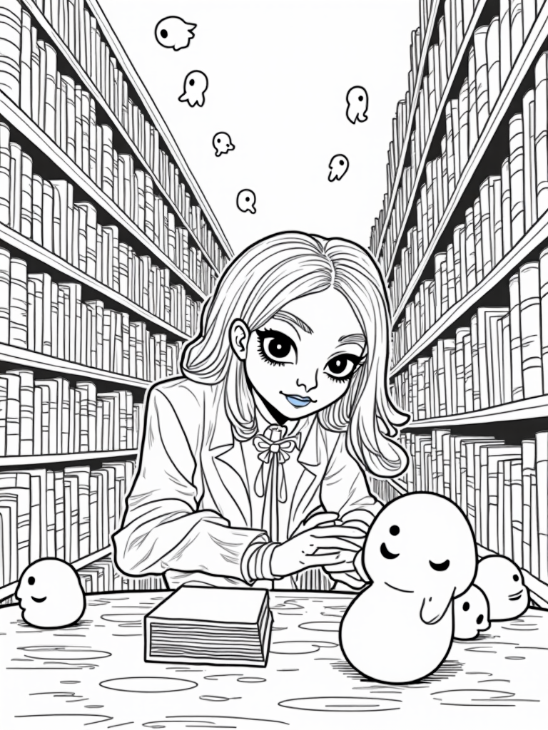 Wednesday Addams in a spooky library coloring pages