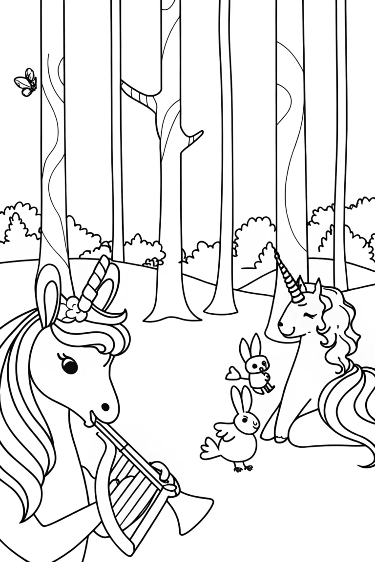 Unicorns making music in a forest coloring pages