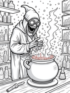 A coloring page of Venom brewing colorful potions