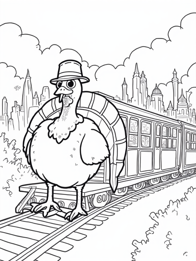 Turkey on a time-traveling train coloring pages