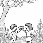 Children sharing colorful leaves