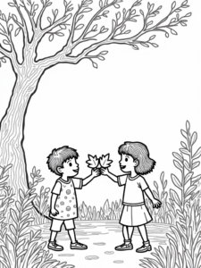 A coloring page of Children sharing colorful leaves