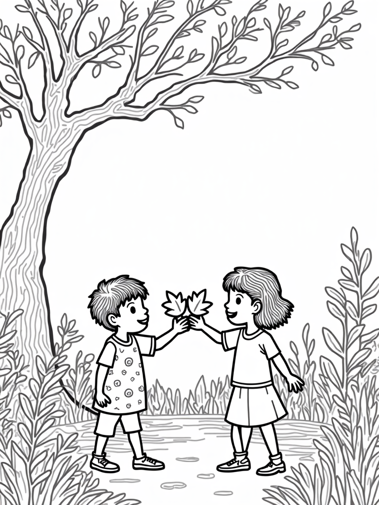Children sharing colorful leaves coloring pages