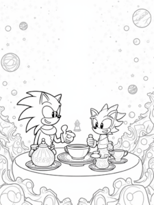 A coloring page of Super Sonic at the tea party