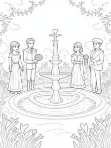A coloring page of Time-traveling garden celebration