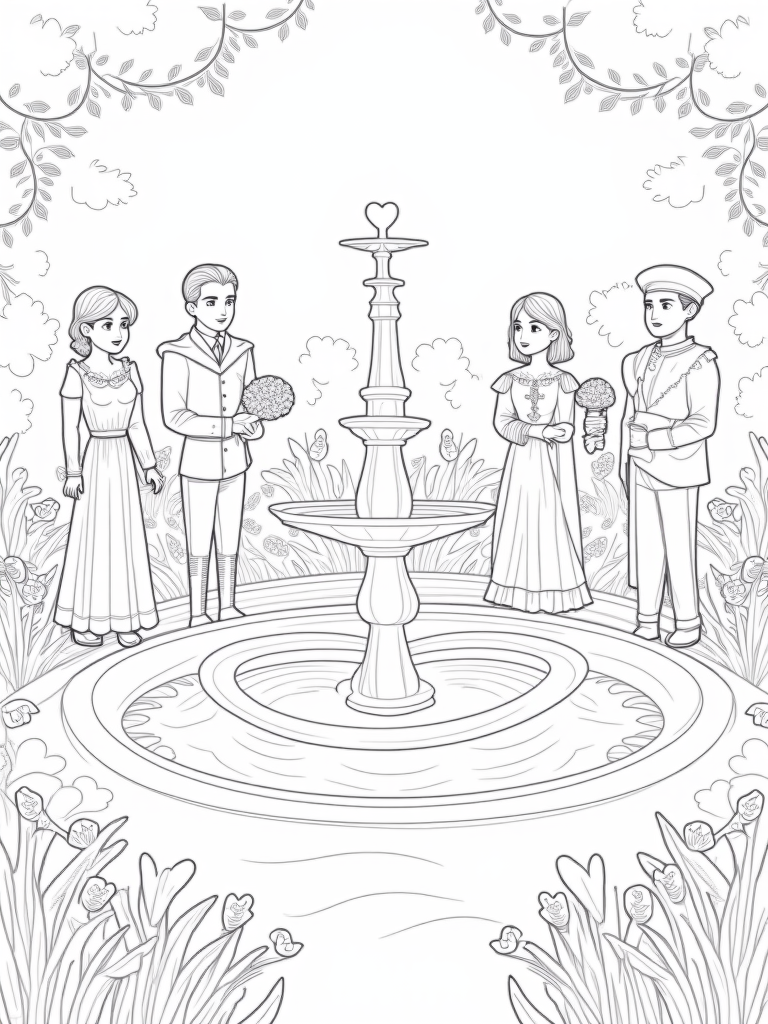 Time-traveling garden celebration coloring pages