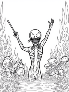 A coloring page of Venom conducts an underwater concert