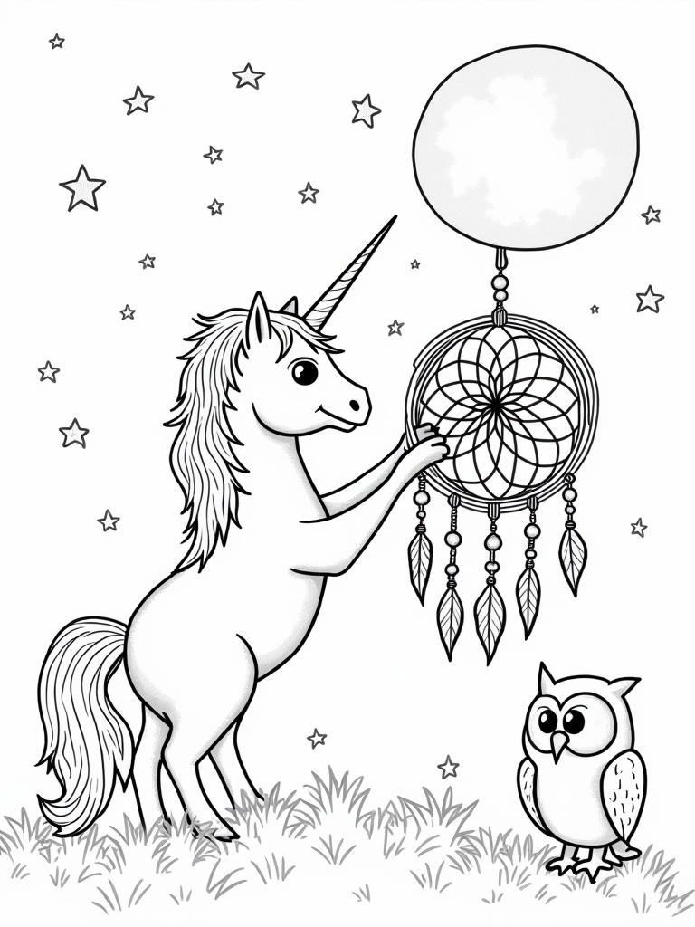 Unicorn crafting a dreamcatcher coloring pages